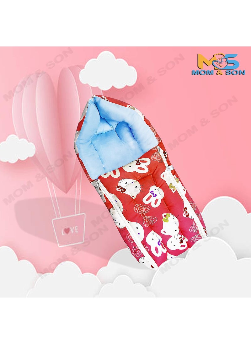 MOM SON New Born Baby Mattress with Mosquito Net Sleeping Bag Combo Gift Set 03 Months Blue Kitty Red Kitty