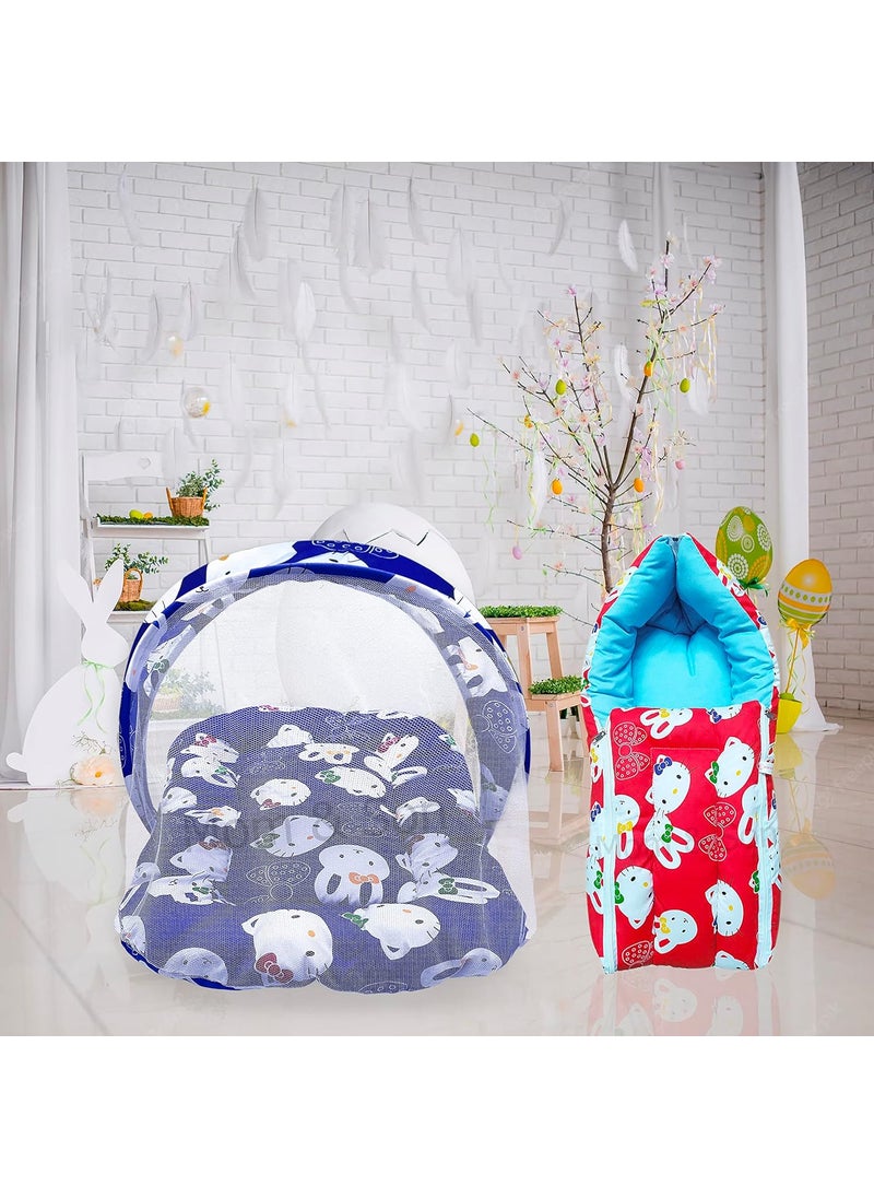 MOM SON New Born Baby Mattress with Mosquito Net Sleeping Bag Combo Gift Set 03 Months Blue Kitty Red Kitty