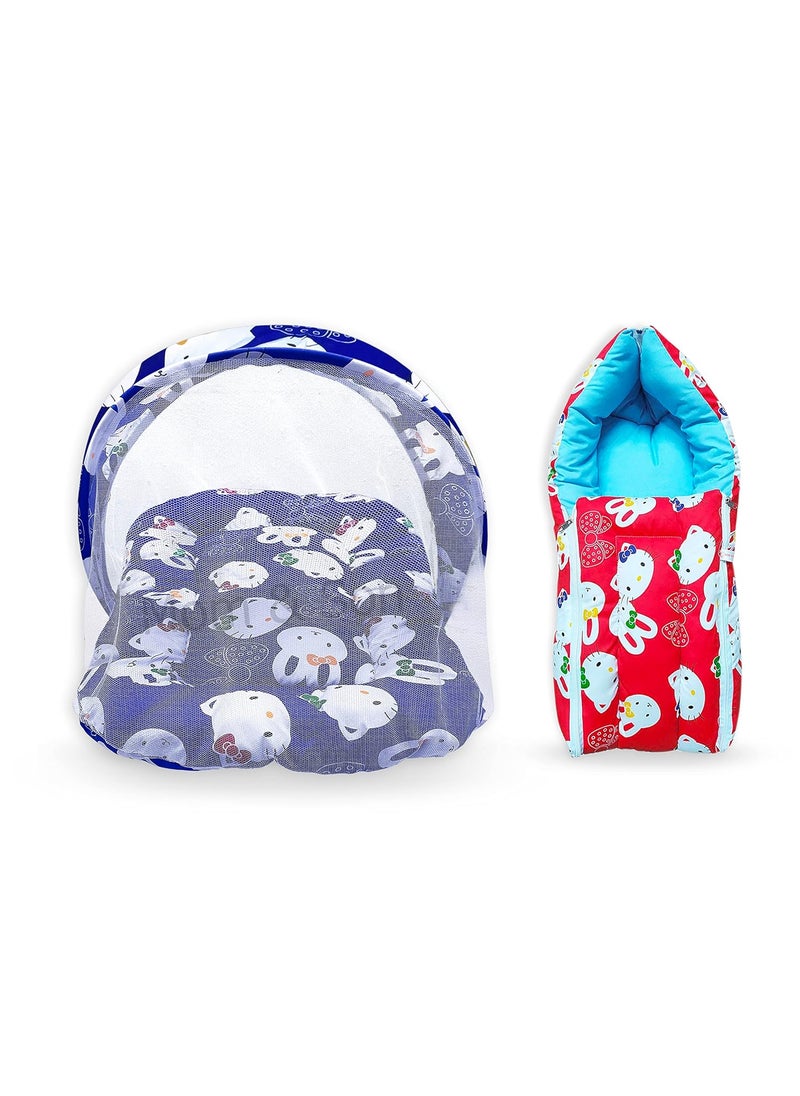 MOM SON New Born Baby Mattress with Mosquito Net Sleeping Bag Combo Gift Set 03 Months Blue Kitty Red Kitty