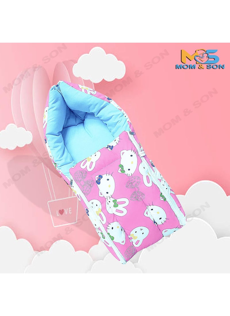 MOM SON New Born Baby Mattress with Mosquito Net Sleeping Bag Combo Gift Set 03 Months Blue Kitty Pink Kitty