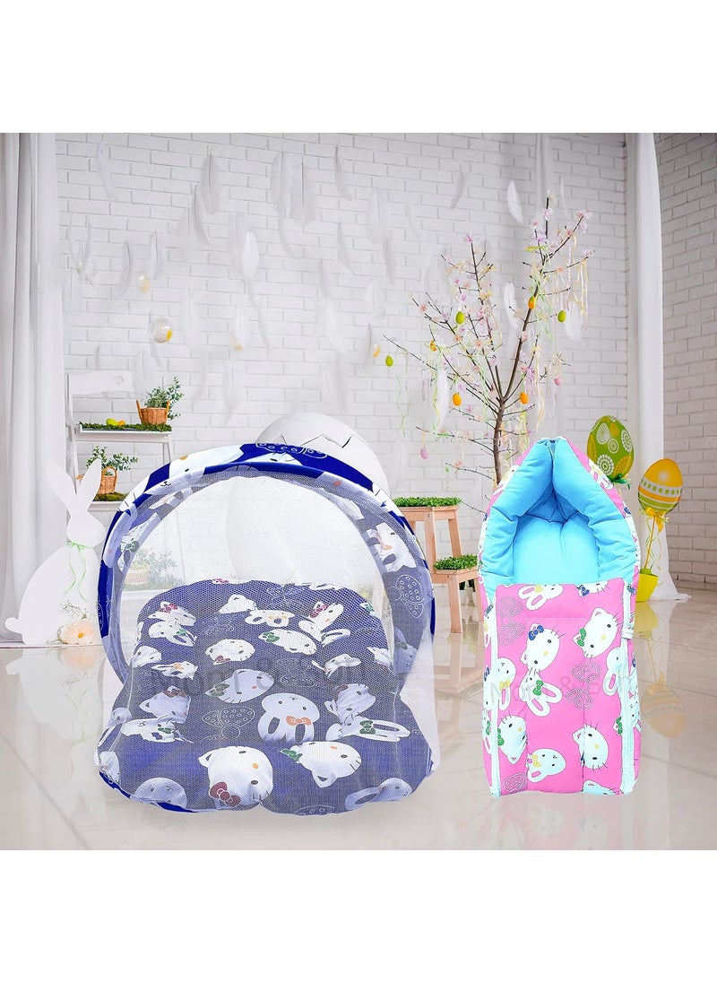 MOM SON New Born Baby Mattress with Mosquito Net Sleeping Bag Combo Gift Set 03 Months Blue Kitty Pink Kitty