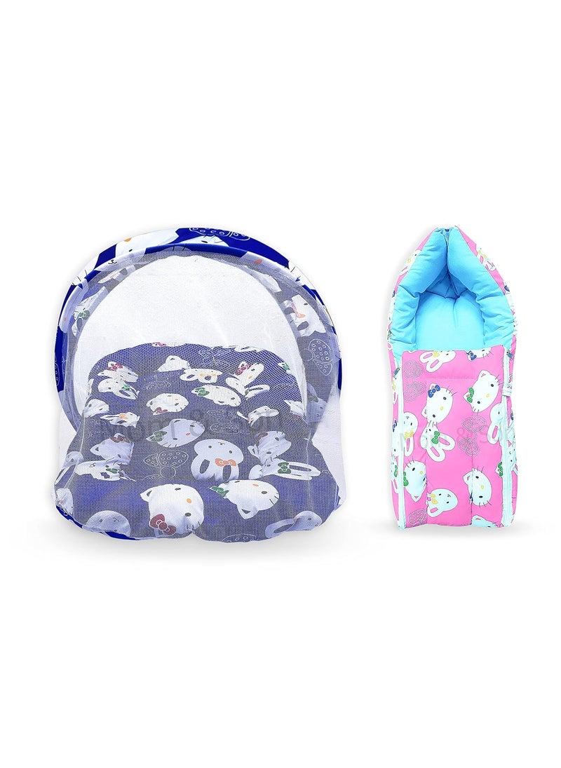 MOM SON New Born Baby Mattress with Mosquito Net Sleeping Bag Combo Gift Set 03 Months Blue Kitty Pink Kitty