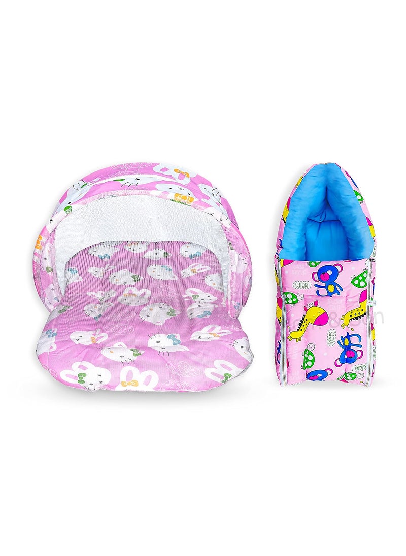 MOM SON New Born Baby Mattress with Mosquito Net Sleeping Bag Combo Gift Set 03 Months Pink Kitty Pink