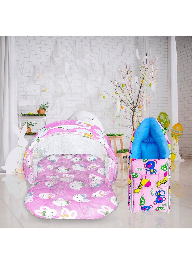 MOM SON New Born Baby Mattress with Mosquito Net Sleeping Bag Combo Gift Set 03 Months Pink Kitty Pink