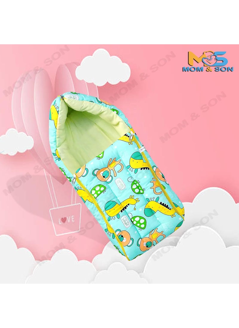 MOM SON New Born Baby Mattress with Mosquito Net Sleeping Bag Combo Gift Set 03 Months Blue Kitty Green