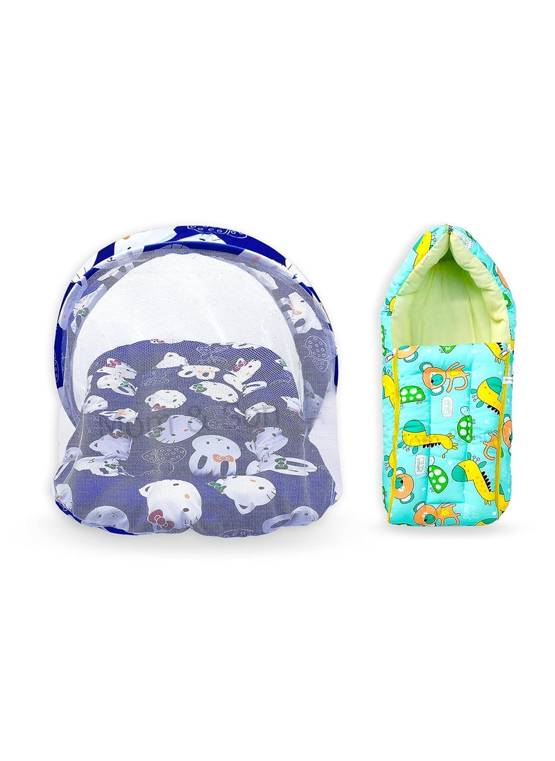 MOM SON New Born Baby Mattress with Mosquito Net Sleeping Bag Combo Gift Set 03 Months Blue Kitty Green