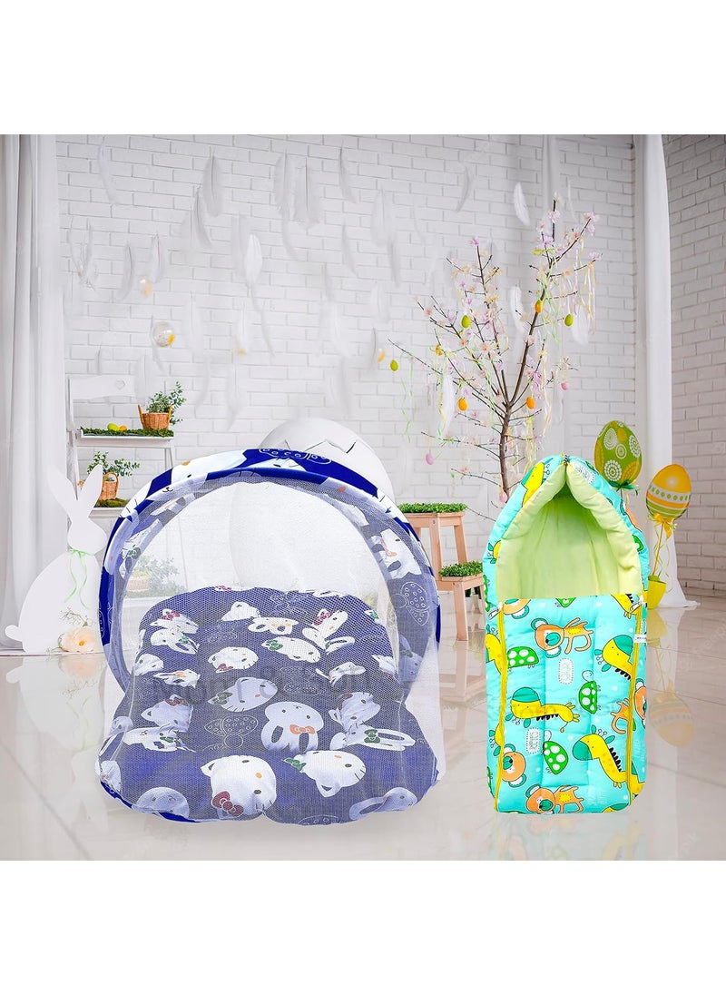 MOM SON New Born Baby Mattress with Mosquito Net Sleeping Bag Combo Gift Set 03 Months Blue Kitty Green