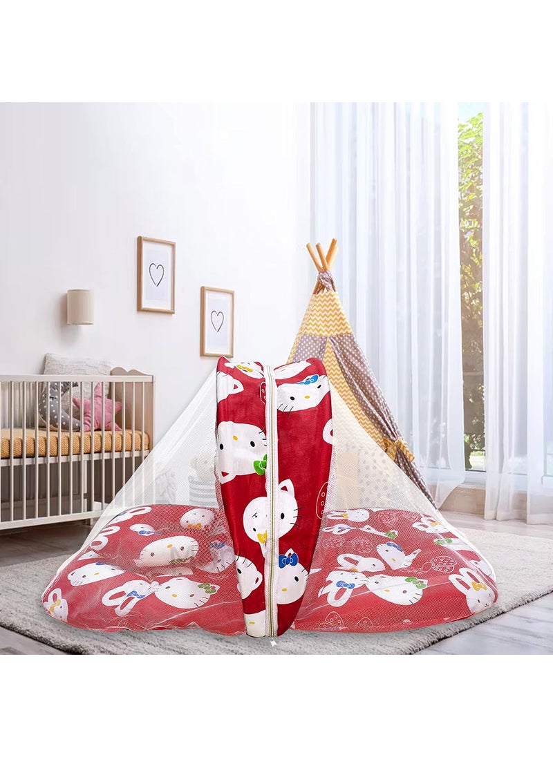 MOM SON New Born Baby Mattress with Mosquito Net Sleeping Bag Combo Gift Set 03 Months Red Kitty Green