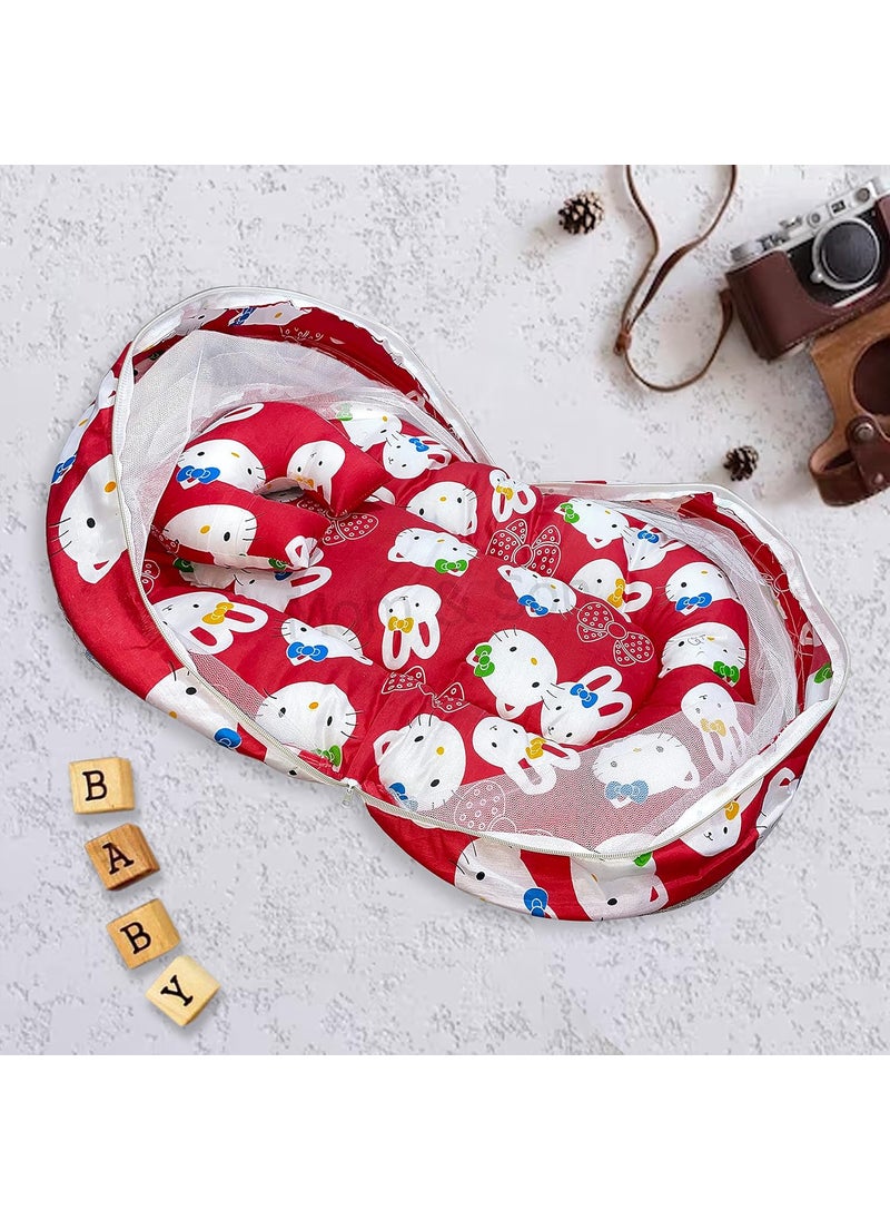 MOM SON New Born Baby Mattress with Mosquito Net Sleeping Bag Combo Gift Set 03 Months Red Kitty Green