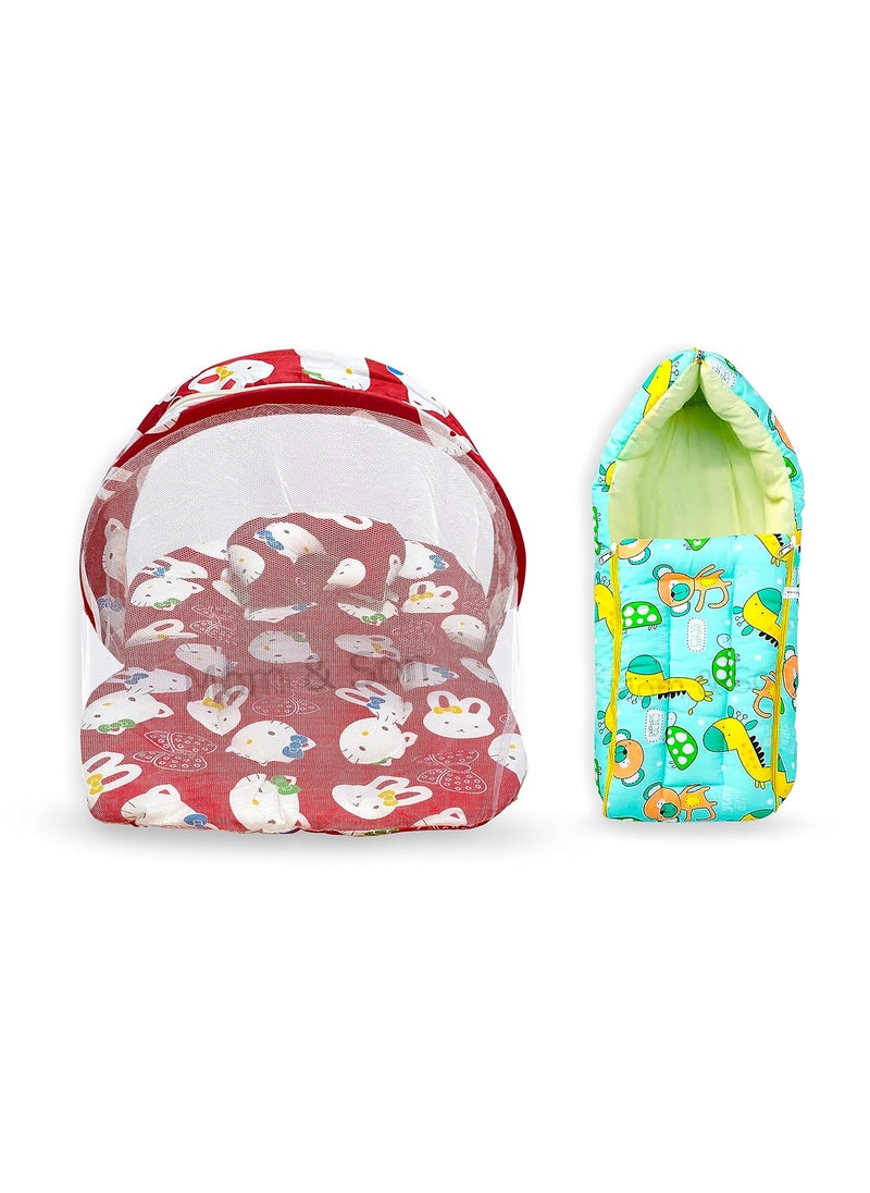 MOM SON New Born Baby Mattress with Mosquito Net Sleeping Bag Combo Gift Set 03 Months Red Kitty Green
