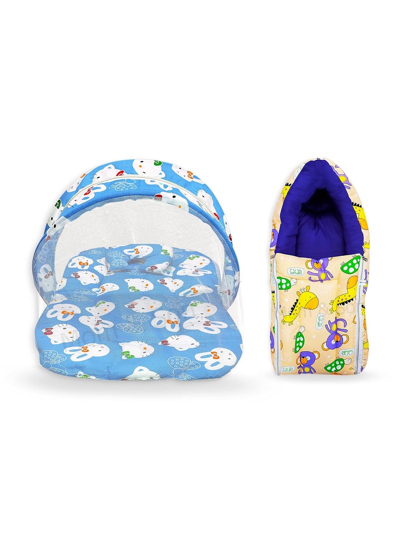MOM SON New Born Baby Mattress with Mosquito Net Sleeping Bag Combo Gift Set 03 Months Sky Kitty Peach