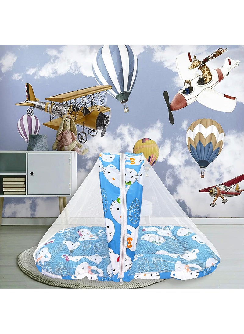 MOM SON New Born Baby Mattress with Mosquito Net Sleeping Bag Combo Gift Set 03 Months Sky Kitty Peach
