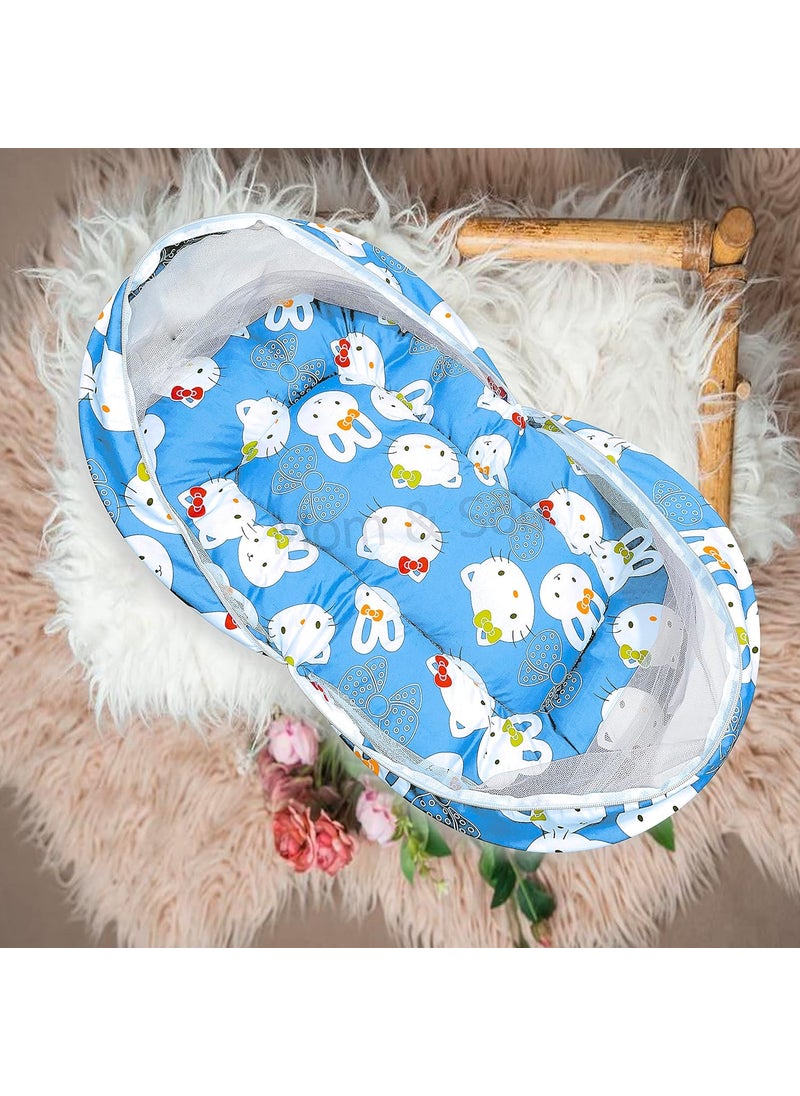 MOM SON New Born Baby Mattress with Mosquito Net Sleeping Bag Combo Gift Set 03 Months Sky Kitty Peach