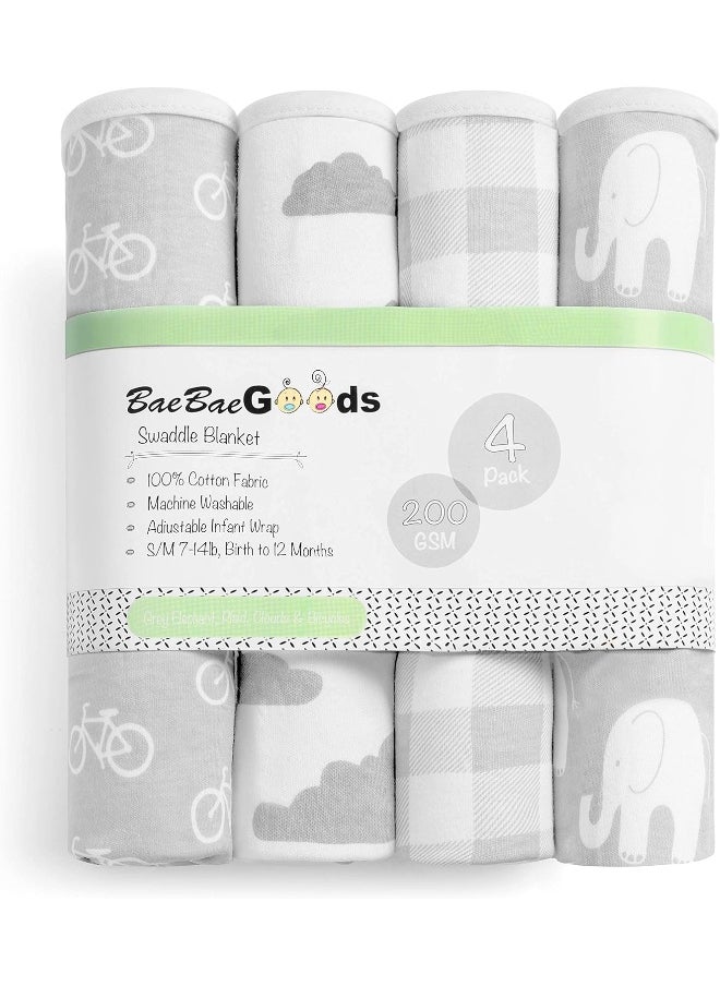 BaeBae Goods Swaddle Blanket, Adjustable Infant Baby Swaddling Wrap Set of 4, Baby Swaddling Wrap Blankets for Boys and Girls Made in Soft Cotton, (Grey Elephants, 0-3 Months)