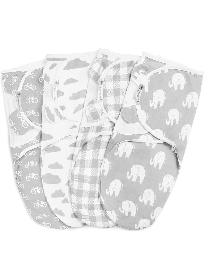 BaeBae Goods Swaddle Blanket, Adjustable Infant Baby Swaddling Wrap Set of 4, Baby Swaddling Wrap Blankets for Boys and Girls Made in Soft Cotton, (Grey Elephants, 0-3 Months)