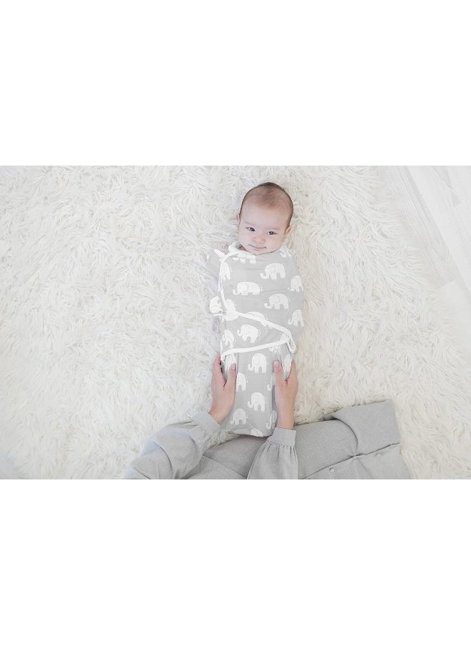 BaeBae Goods Swaddle Blanket, Adjustable Infant Baby Swaddling Wrap Set of 4, Baby Swaddling Wrap Blankets for Boys and Girls Made in Soft Cotton, (Grey Elephants, 0-3 Months)