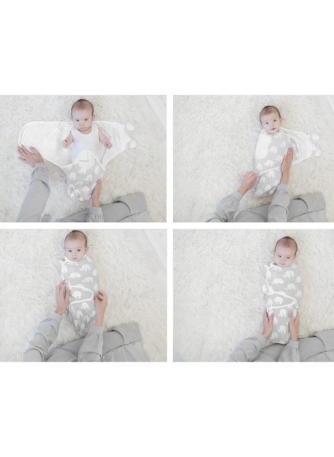 BaeBae Goods Swaddle Blanket, Adjustable Infant Baby Swaddling Wrap Set of 4, Baby Swaddling Wrap Blankets for Boys and Girls Made in Soft Cotton, (Grey Elephants, 0-3 Months)
