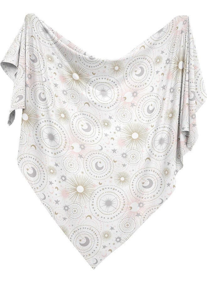 Star and Moon Baby Girl Swaddle Blanket Jersey Stretch Knit for Newborn or Infant Receiving Security - Blush Pink, Gold, and Grey Celestial