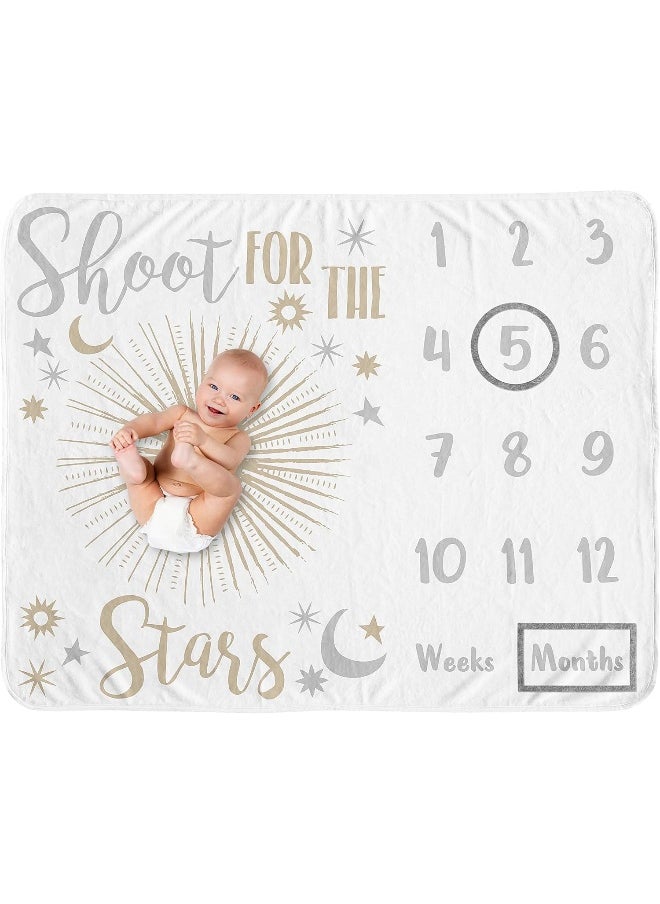 Sweet Jojo Designs Star and Moon Girl Milestone Blanket Monthly Newborn First Year Growth Mat Baby Shower Memory Keepsake Gift Picture - Gold and Grey Celestial Shoot for The Stars Space