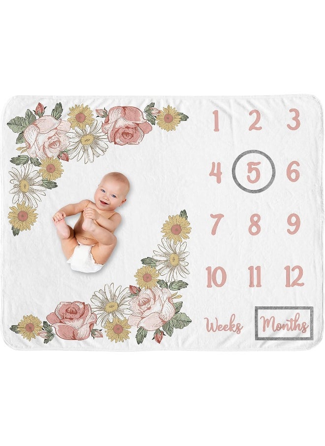 Sweet Jojo Designs Vintage Floral Boho Girl Milestone Blanket Monthly Newborn First Year Growth Mat Baby Shower Memory Keepsake Gift Picture - Blush Pink Yellow Green Shabby Chic Rose Flower Farmhouse