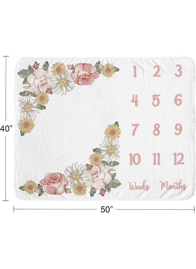 Sweet Jojo Designs Vintage Floral Boho Girl Milestone Blanket Monthly Newborn First Year Growth Mat Baby Shower Memory Keepsake Gift Picture - Blush Pink Yellow Green Shabby Chic Rose Flower Farmhouse