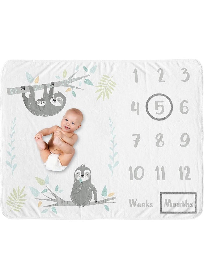 Blue Jungle Sloth Boy Girl Milestone Blanket Monthly Newborn First Year Growth Mat Baby Shower Memory Keepsake Gift Picture - Aqua Turquoise Grey Green Tropical Botanical Rainforest