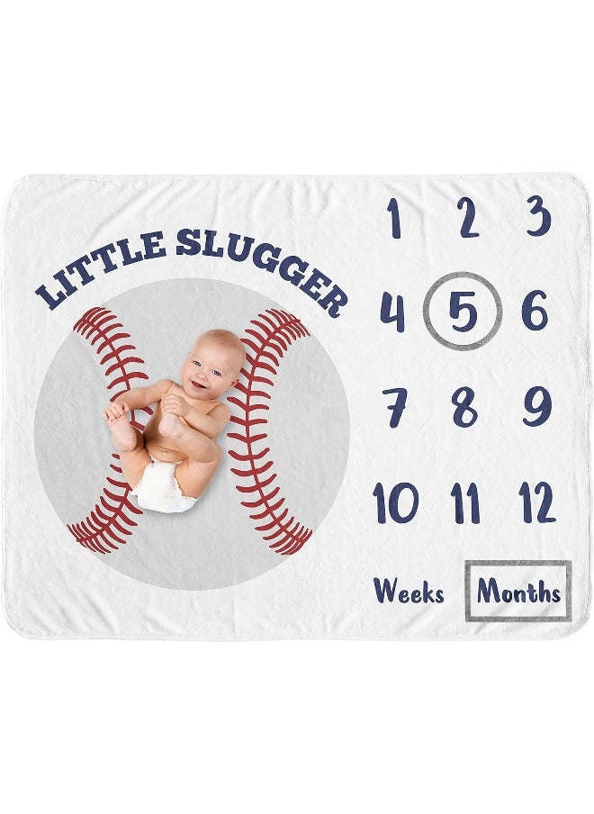 Sweet Jojo Designs Baseball Boy Milestone Blanket Monthly Newborn First Year Growth Mat Baby Shower Memory Keepsake Gift Picture - Red White and Blue Americana Sports Little Slugger
