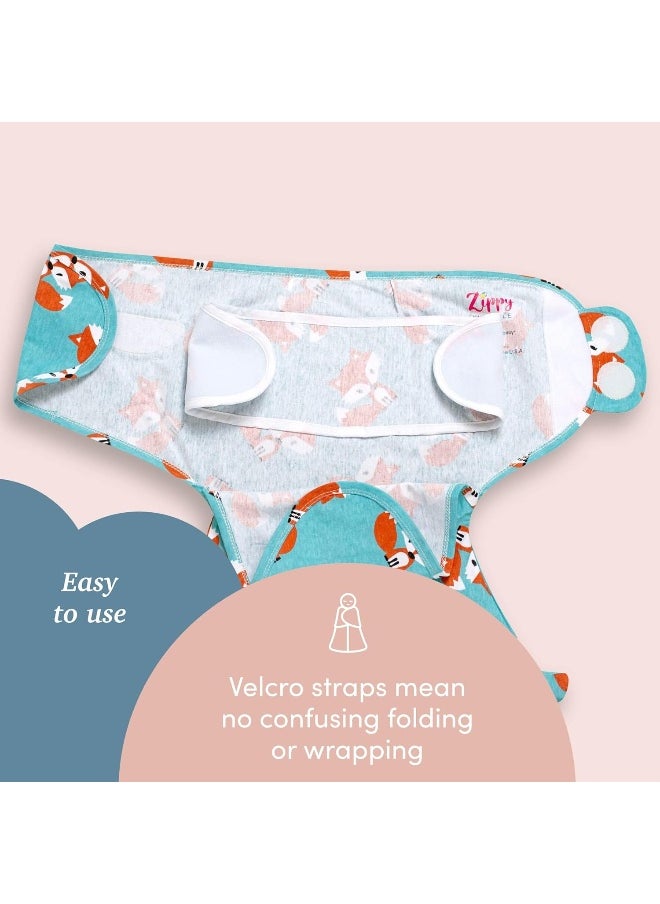 Sleeping Baby Zippy Swaddle - 100% Cotton Baby Cloth Swaddle Blanket - Sleep Sack with Convenient Bottom Zipper - Friendly Fox - Small/Medium
