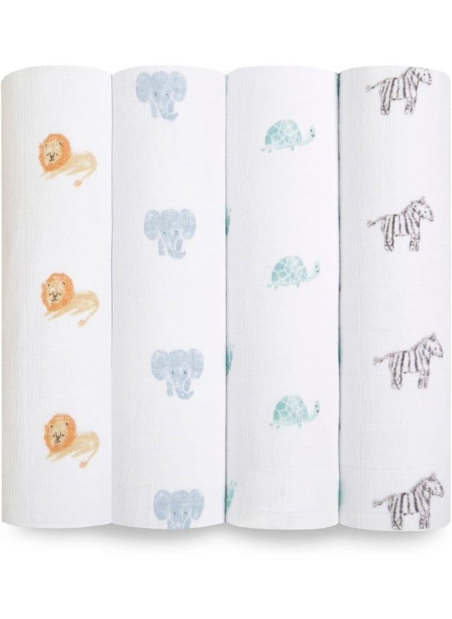 aden + anais 100% Organic Cotton Muslin Swaddle, GOTS Certified, Swaddle Receiving Blankets for Baby Girls & Boys, 120x120cm, Newborn & Infant Swaddling Wrap Set, Shower Gifts, 4 Pack, animal kingdom