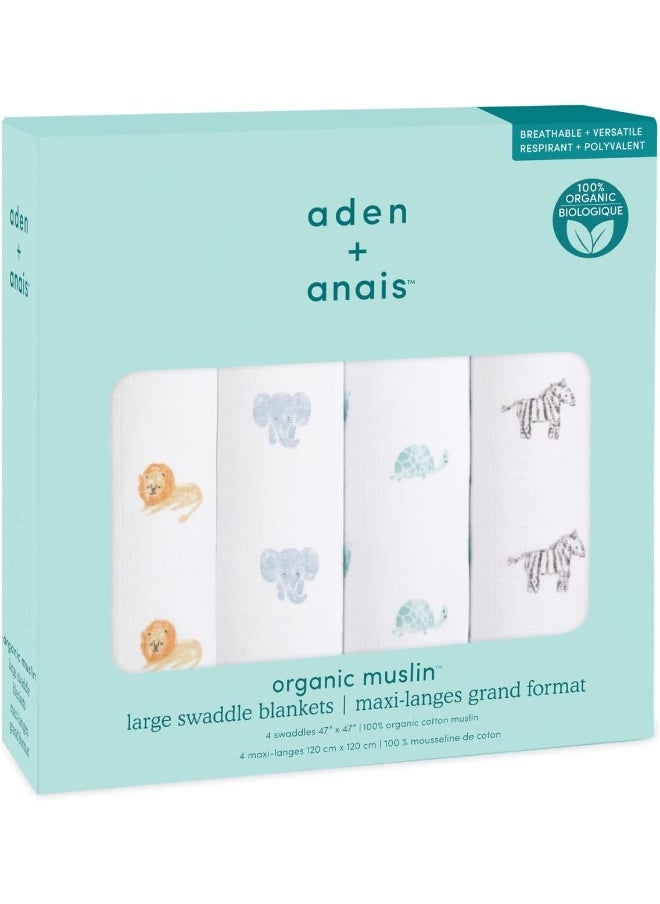 aden + anais 100% Organic Cotton Muslin Swaddle, GOTS Certified, Swaddle Receiving Blankets for Baby Girls & Boys, 120x120cm, Newborn & Infant Swaddling Wrap Set, Shower Gifts, 4 Pack, animal kingdom