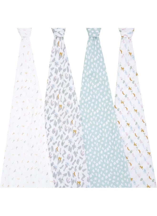 aden + anais Essentials Swaddle Blanket, Boutique Muslin Blankets for Girls & Boys, Baby Receiving Swaddles, Ideal Newborn & Infant Swaddling Set, Perfect Shower Gifts, 4 Pack, Alphabet Animals