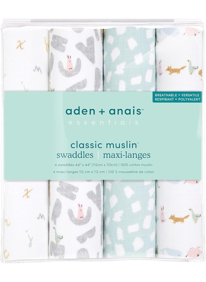aden + anais Essentials Swaddle Blanket, Boutique Muslin Blankets for Girls & Boys, Baby Receiving Swaddles, Ideal Newborn & Infant Swaddling Set, Perfect Shower Gifts, 4 Pack, Alphabet Animals