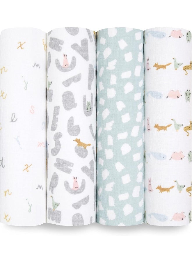 aden + anais Essentials Swaddle Blanket, Boutique Muslin Blankets for Girls & Boys, Baby Receiving Swaddles, Ideal Newborn & Infant Swaddling Set, Perfect Shower Gifts, 4 Pack, Alphabet Animals