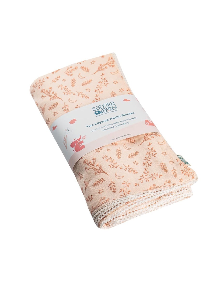 Sadora Baby 2 Layer Muslin Baby Blanket Premium Warm Breathable Cotton Muslin Blanket with Soft Lace Edging Infants and Toddlers 110cm x 110cm Floral