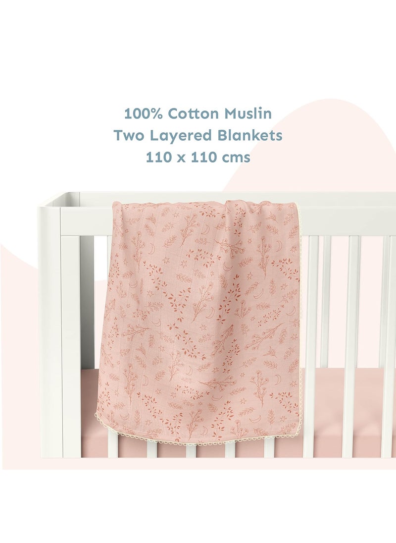 Sadora Baby 2 Layer Muslin Baby Blanket Premium Warm Breathable Cotton Muslin Blanket with Soft Lace Edging Infants and Toddlers 110cm x 110cm Floral