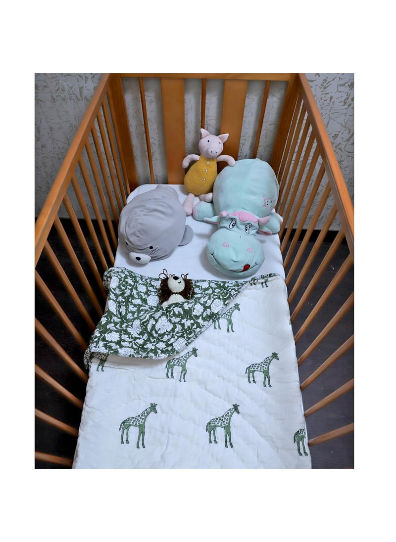 ARUSHII Mulmul Cotton Newborn Baby Blanket Super Soft Baby Comforter Giraffe Handblocked Quilt Cum Wrapper Blanket Razai for Infants Toddlers Upto 5 Year Kids 40x60 inch White