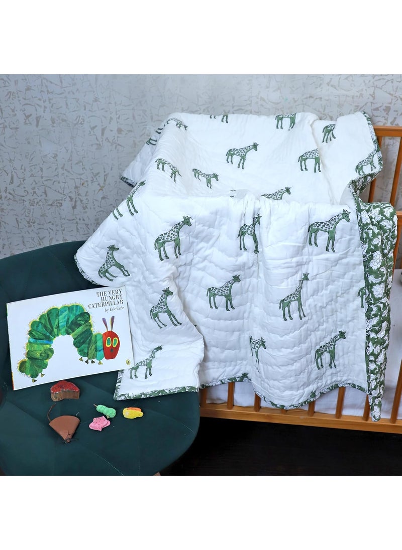 ARUSHII Mulmul Cotton Newborn Baby Blanket Super Soft Baby Comforter Giraffe Handblocked Quilt Cum Wrapper Blanket Razai for Infants Toddlers Upto 5 Year Kids 40x60 inch White