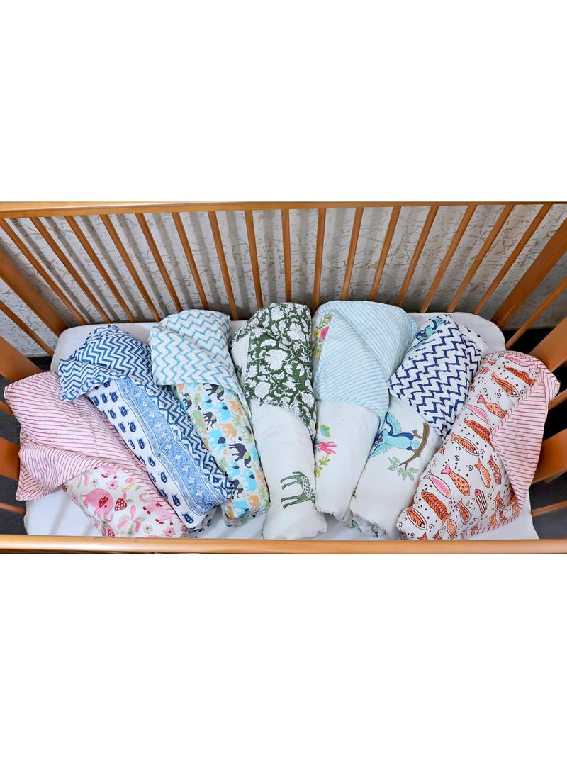 ARUSHII Mulmul Cotton Newborn Baby Blanket Super Soft Baby Comforter Giraffe Handblocked Quilt Cum Wrapper Blanket Razai for Infants Toddlers Upto 5 Year Kids 40x60 inch White