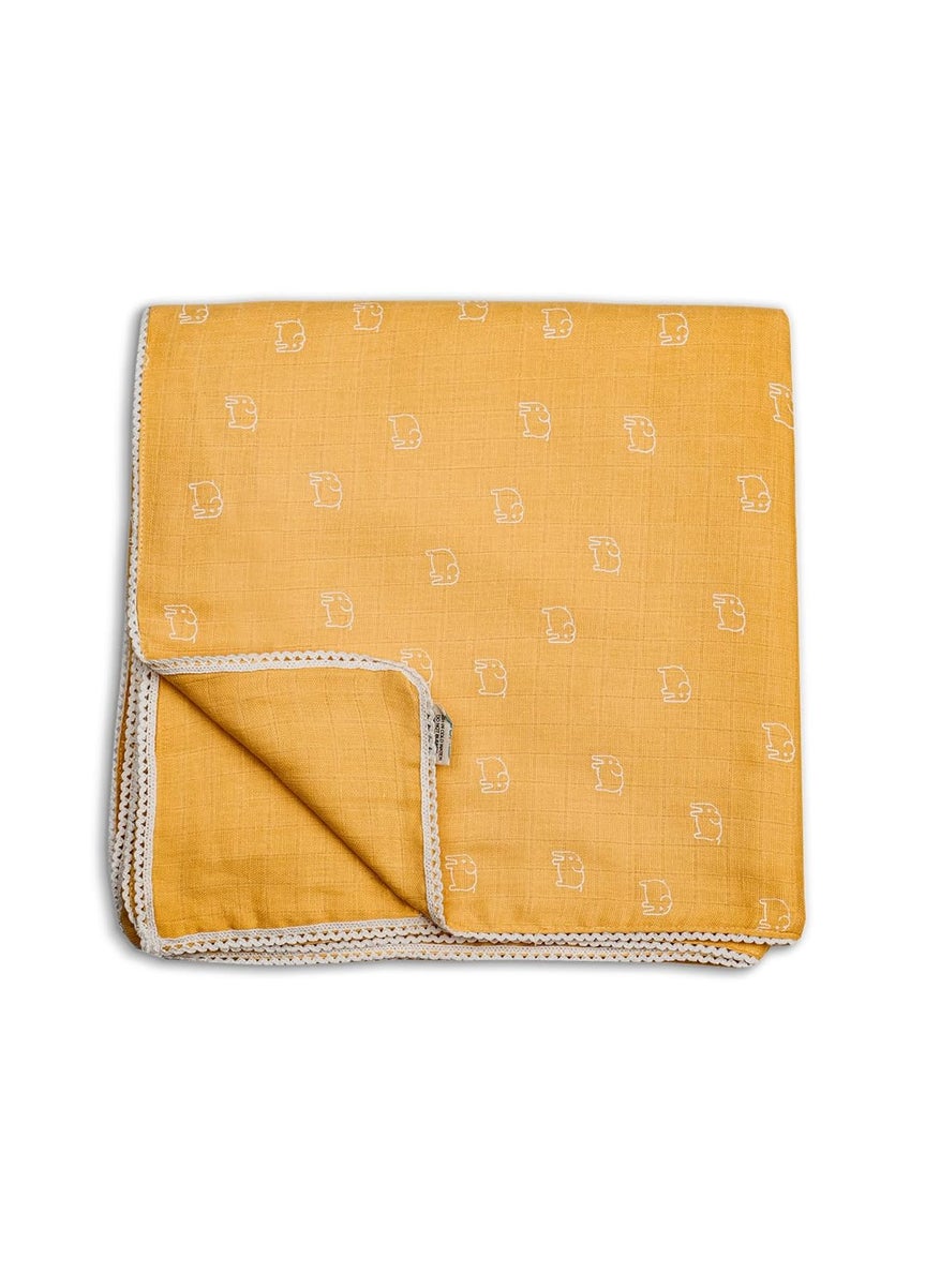 Sadora Baby 2 Layer Muslin Baby Blanket Premium Warm Breathable Cotton Muslin Blanket with Soft Lace Edging Infants and Toddlers 110cm x 110cm Elephant