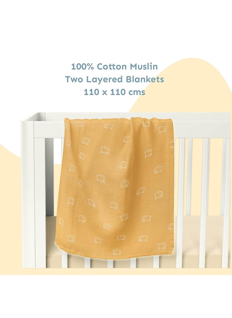 Sadora Baby 2 Layer Muslin Baby Blanket Premium Warm Breathable Cotton Muslin Blanket with Soft Lace Edging Infants and Toddlers 110cm x 110cm Elephant