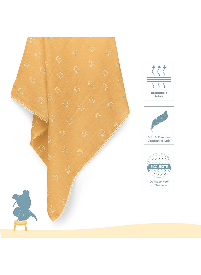 Sadora Baby 2 Layer Muslin Baby Blanket Premium Warm Breathable Cotton Muslin Blanket with Soft Lace Edging Infants and Toddlers 110cm x 110cm Elephant