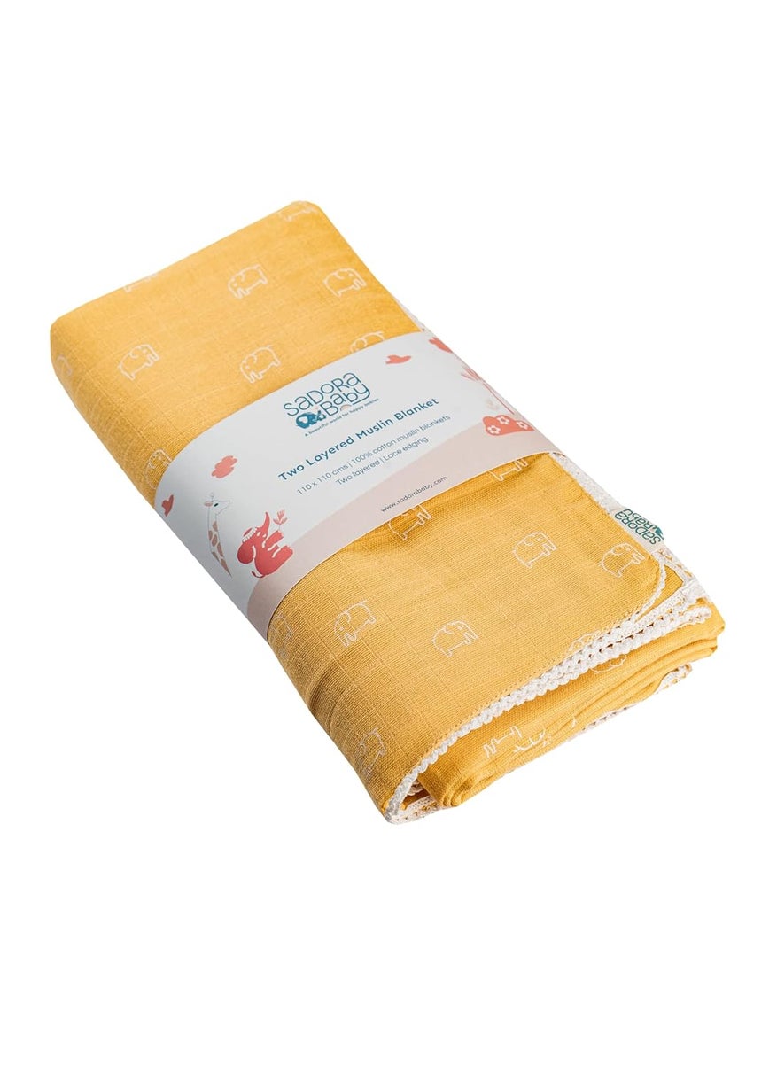 Sadora Baby 2 Layer Muslin Baby Blanket Premium Warm Breathable Cotton Muslin Blanket with Soft Lace Edging Infants and Toddlers 110cm x 110cm Elephant