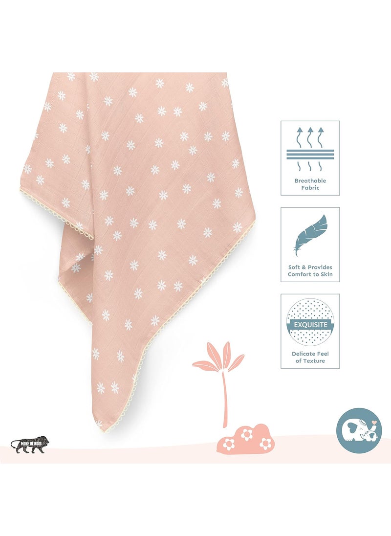 Sadora Baby 2 Layer Muslin Baby Blanket Premium Warm Breathable Cotton Muslin Blanket with Soft Lace Edging Infants and Toddlers 110cm x 110cm Daisy