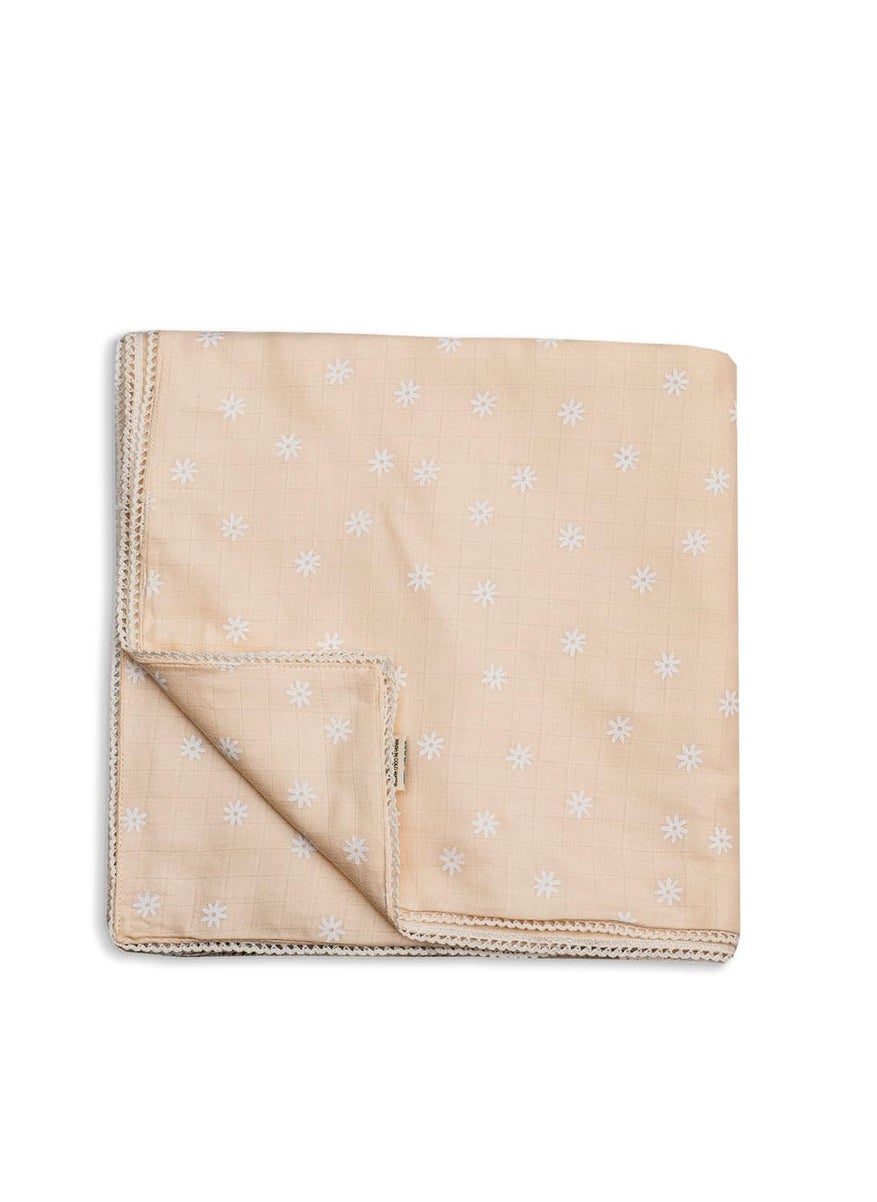 Sadora Baby 2 Layer Muslin Baby Blanket Premium Warm Breathable Cotton Muslin Blanket with Soft Lace Edging Infants and Toddlers 110cm x 110cm Daisy
