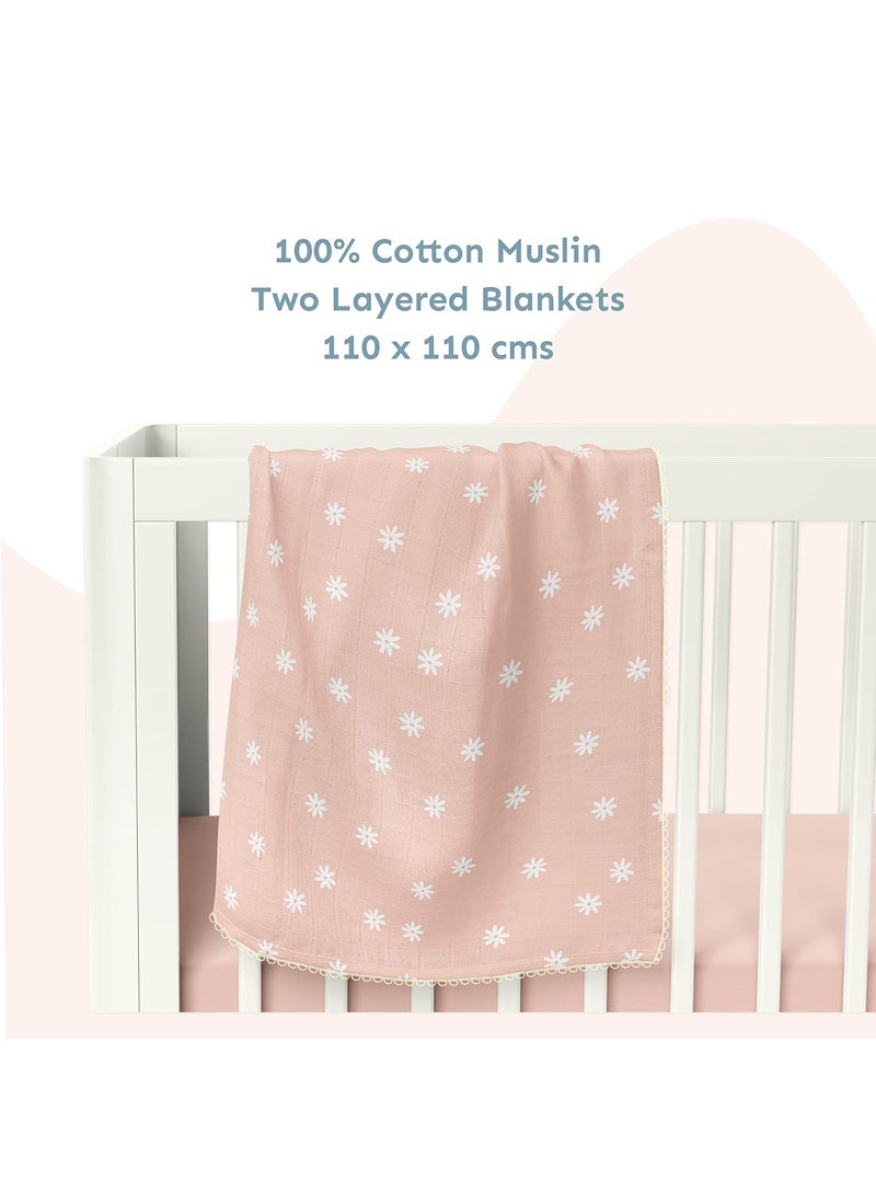 Sadora Baby 2 Layer Muslin Baby Blanket Premium Warm Breathable Cotton Muslin Blanket with Soft Lace Edging Infants and Toddlers 110cm x 110cm Daisy