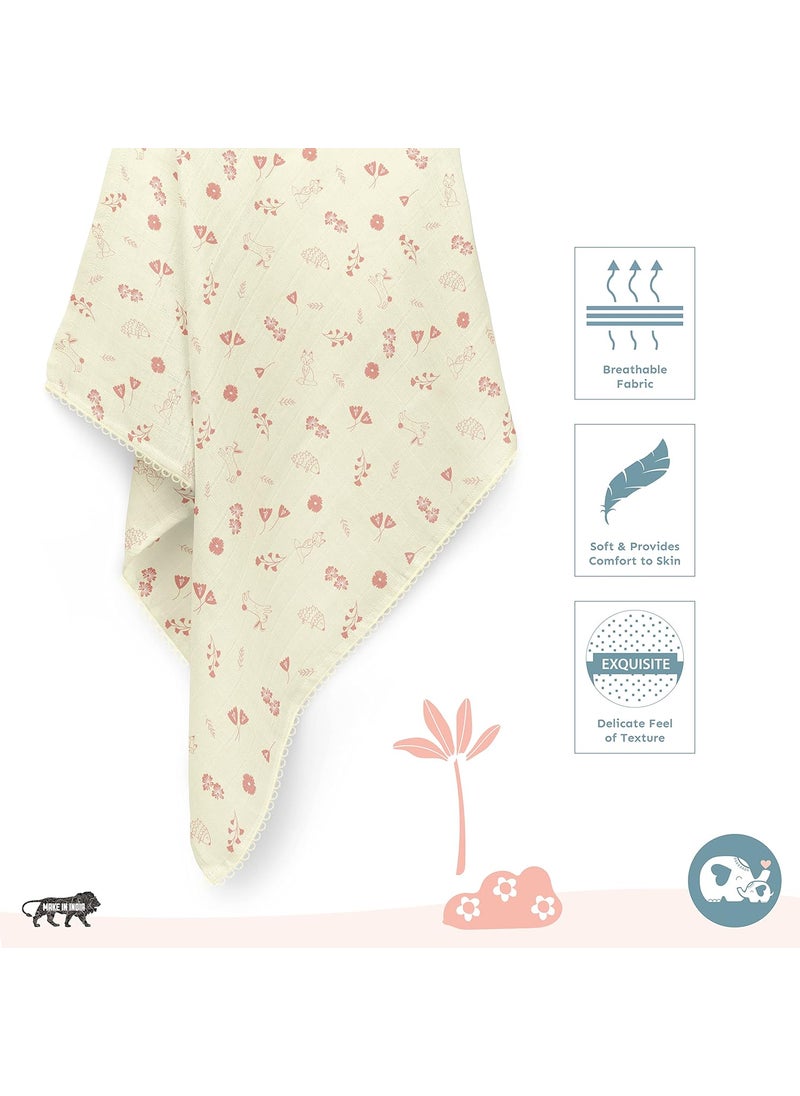 Sadora Baby 2 Layer Muslin Baby Blanket Premium Warm Breathable Cotton Muslin Blanket with Soft Lace Edging Infants and Toddlers 110cm x 110cm Hedgehog