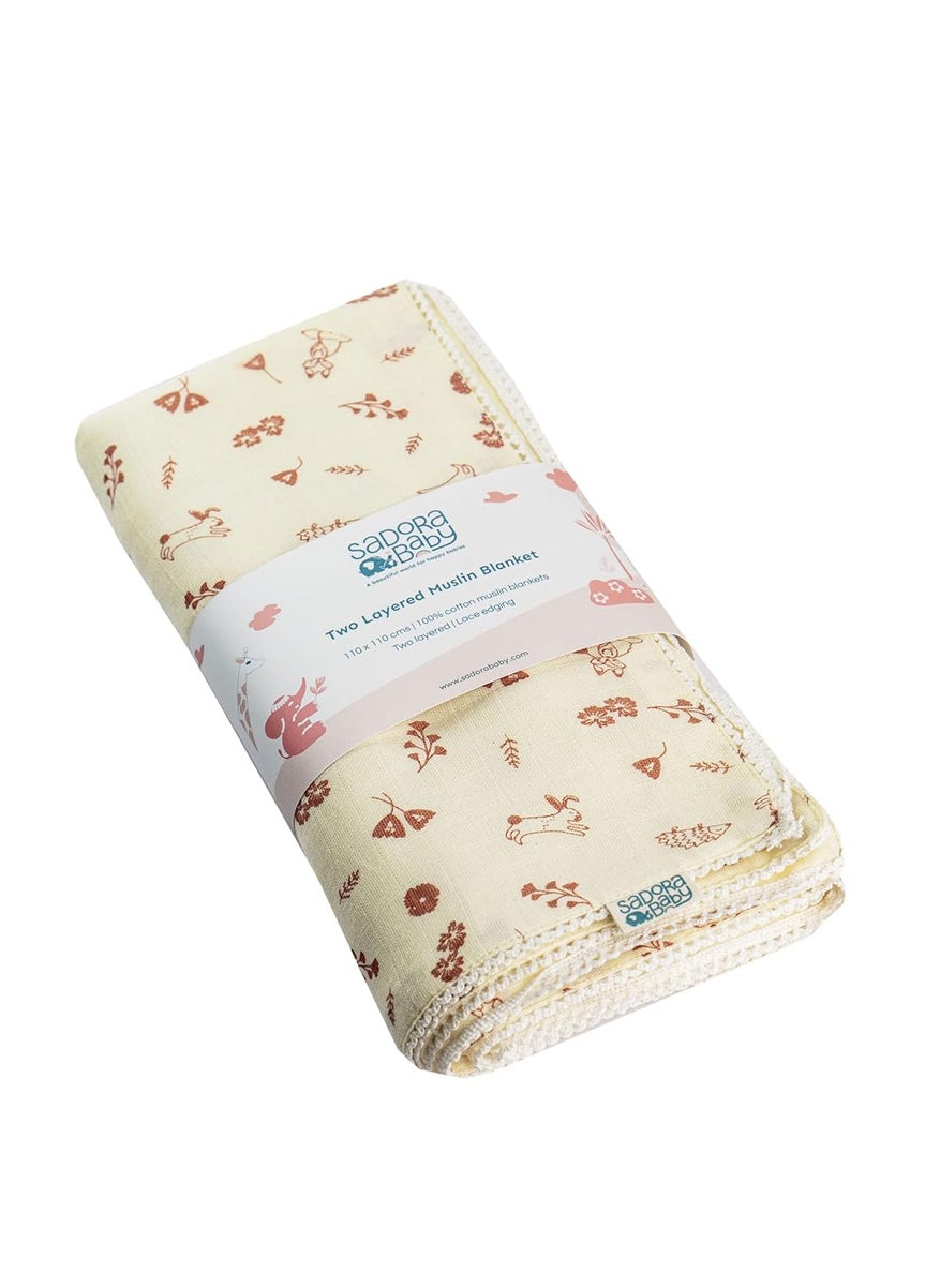 Sadora Baby 2 Layer Muslin Baby Blanket Premium Warm Breathable Cotton Muslin Blanket with Soft Lace Edging Infants and Toddlers 110cm x 110cm Hedgehog
