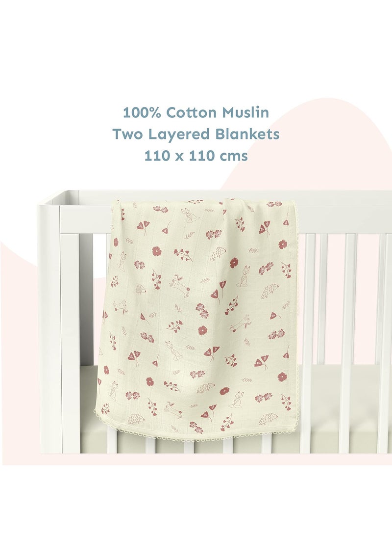 Sadora Baby 2 Layer Muslin Baby Blanket Premium Warm Breathable Cotton Muslin Blanket with Soft Lace Edging Infants and Toddlers 110cm x 110cm Hedgehog