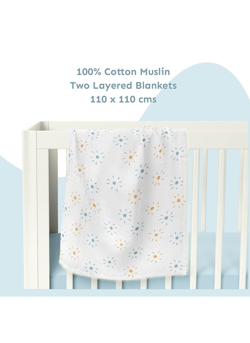 Sadora Baby 2 Layer Muslin Baby Blanket Premium Warm Breathable Cotton Muslin Blanket with Soft Lace Edging Infants and Toddlers 110cm x 110cm Sun