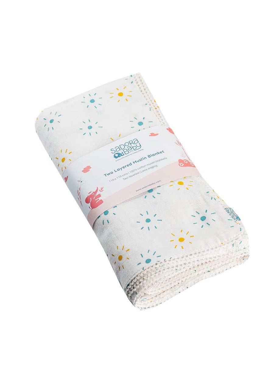 Sadora Baby 2 Layer Muslin Baby Blanket Premium Warm Breathable Cotton Muslin Blanket with Soft Lace Edging Infants and Toddlers 110cm x 110cm Sun